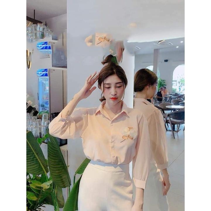 Áo sơ mi nữ công sở thời trang SURI cổ sơ mi,áo thêu hoa trước ngực,tay lưới thật trẻ trung
