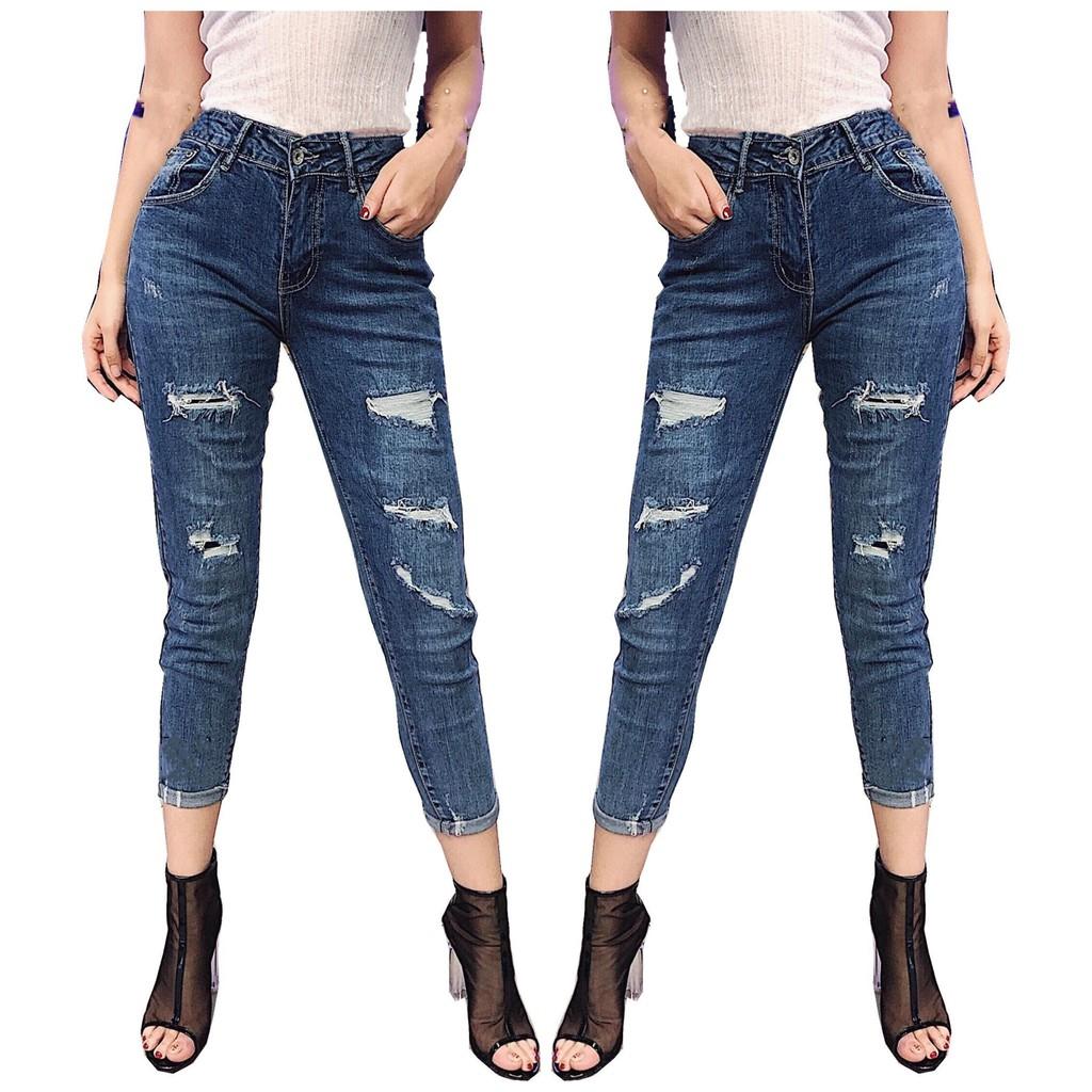 Quần jean dài skinny BIGSIZE lưng cao lai tua, vải co dãn mạnh 3057