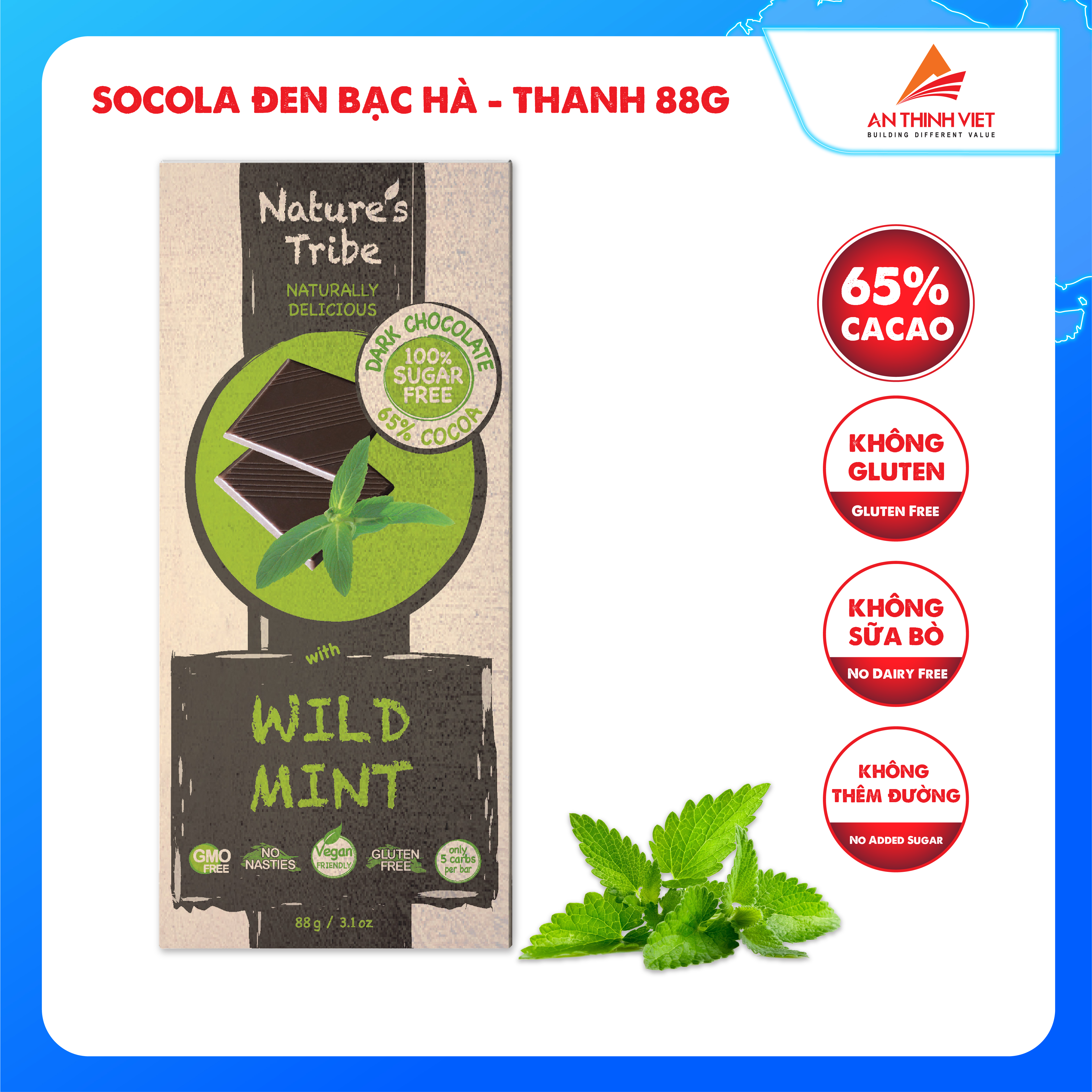 Socola Đen Vị Bạc Hà Không Đường Nhập Khẩu Úc, Gluten Free - Nature's Tribe Sugar Free Dark Chocolate Mint