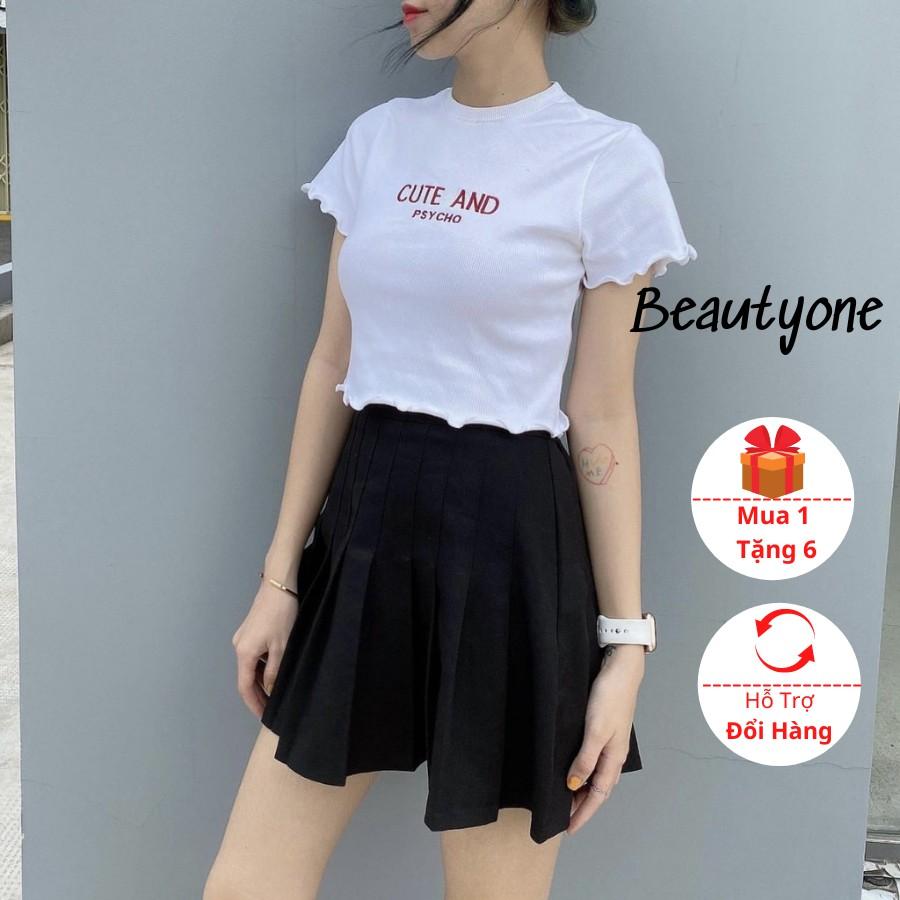 Áo croptop tay nhún cute &amp; psycho, áo croptop nữ 2 màu thêu chữ, áo thun basic.