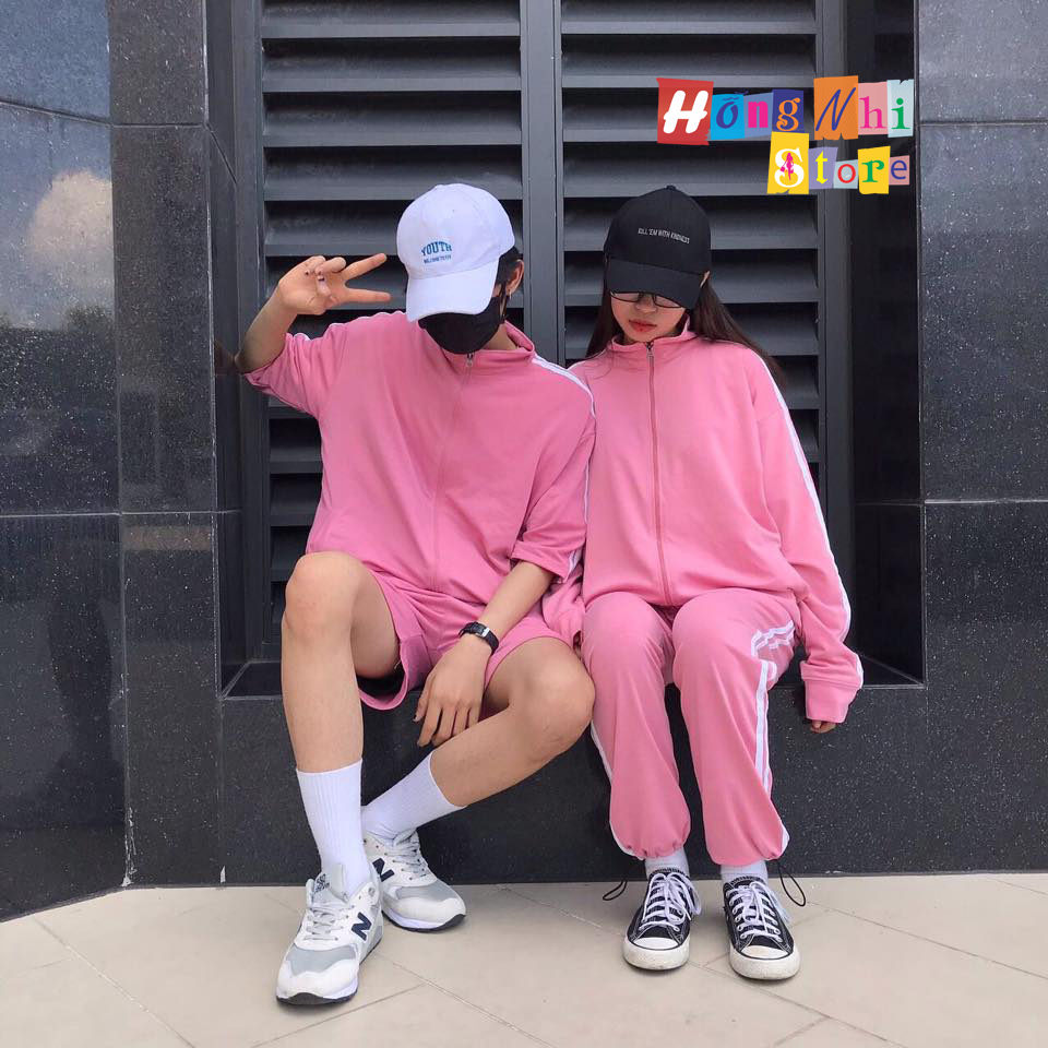 Set Bộ Thể Thao Unisex Áo Khoác Tay Ngắn Quần Lửng Màu Hồng Cao Cấp - MM
