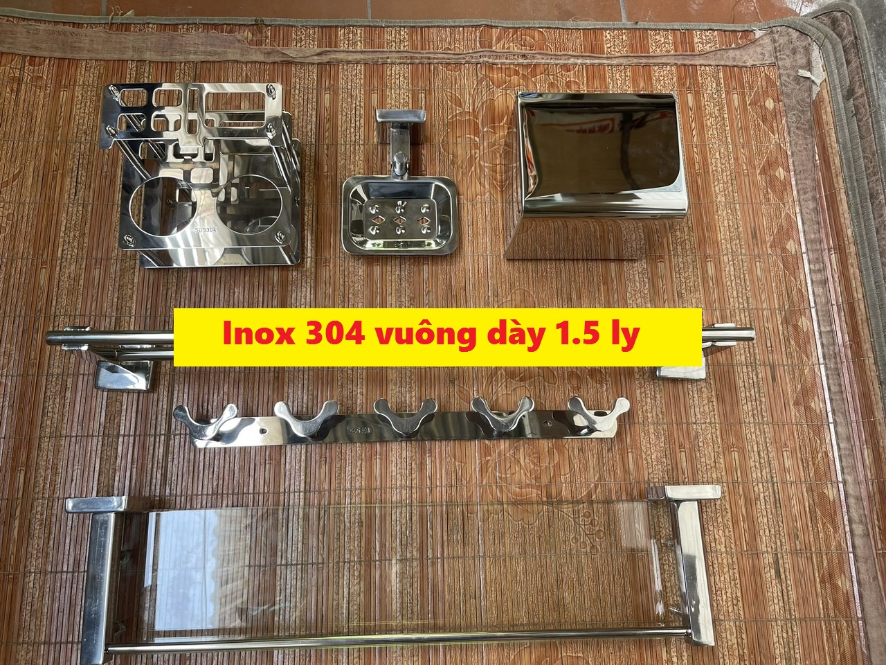 Bộ phụ kiện nhà tắm cao cấp PK-60 vuông chất liệu inox 304 dày 1.5ly sáng bóng bền đẹp