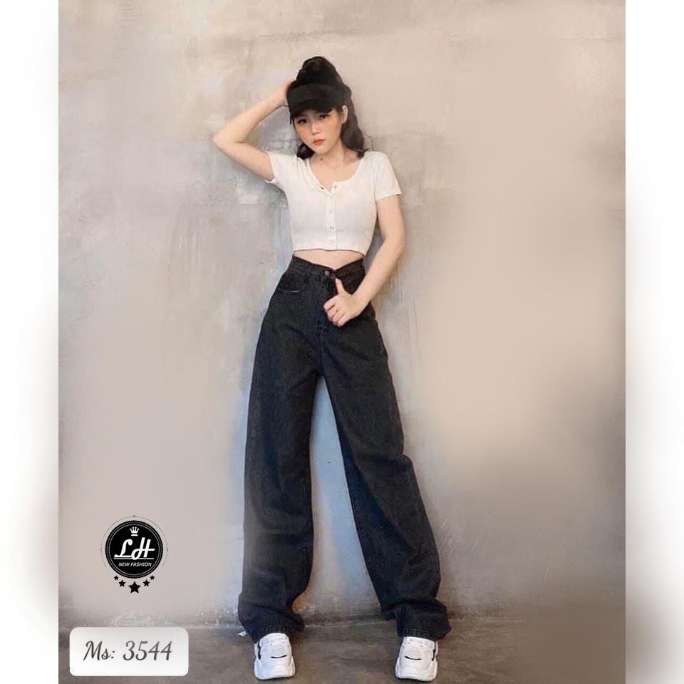 Quần jean nữ ống rộng, quần bò màu xám đen muối tiêu trơn lưng cao đơn giản Lê Huy Fashion MS 3544
