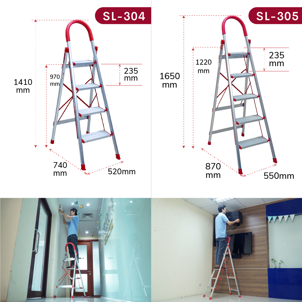 Thang ghế nhôm tay vịn chữ A bản to 5 bậc 1,65m xếp gọn Nhật Bản Fujihome chống trượt, Ghế thang gia đình chữ A đa năng rút gọn thắp hương 1m6 mét step stool ladder