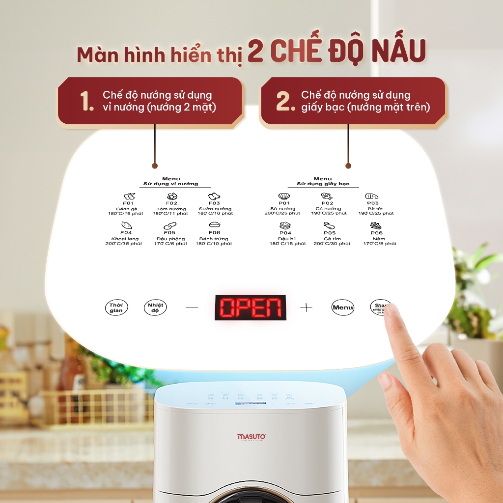 Nồi chiên không dầu Masuto MSQueen 6L màn hình cảm ứng, đốt 2 tầng đối lưu không cần trở lật - Hàng chính hãng