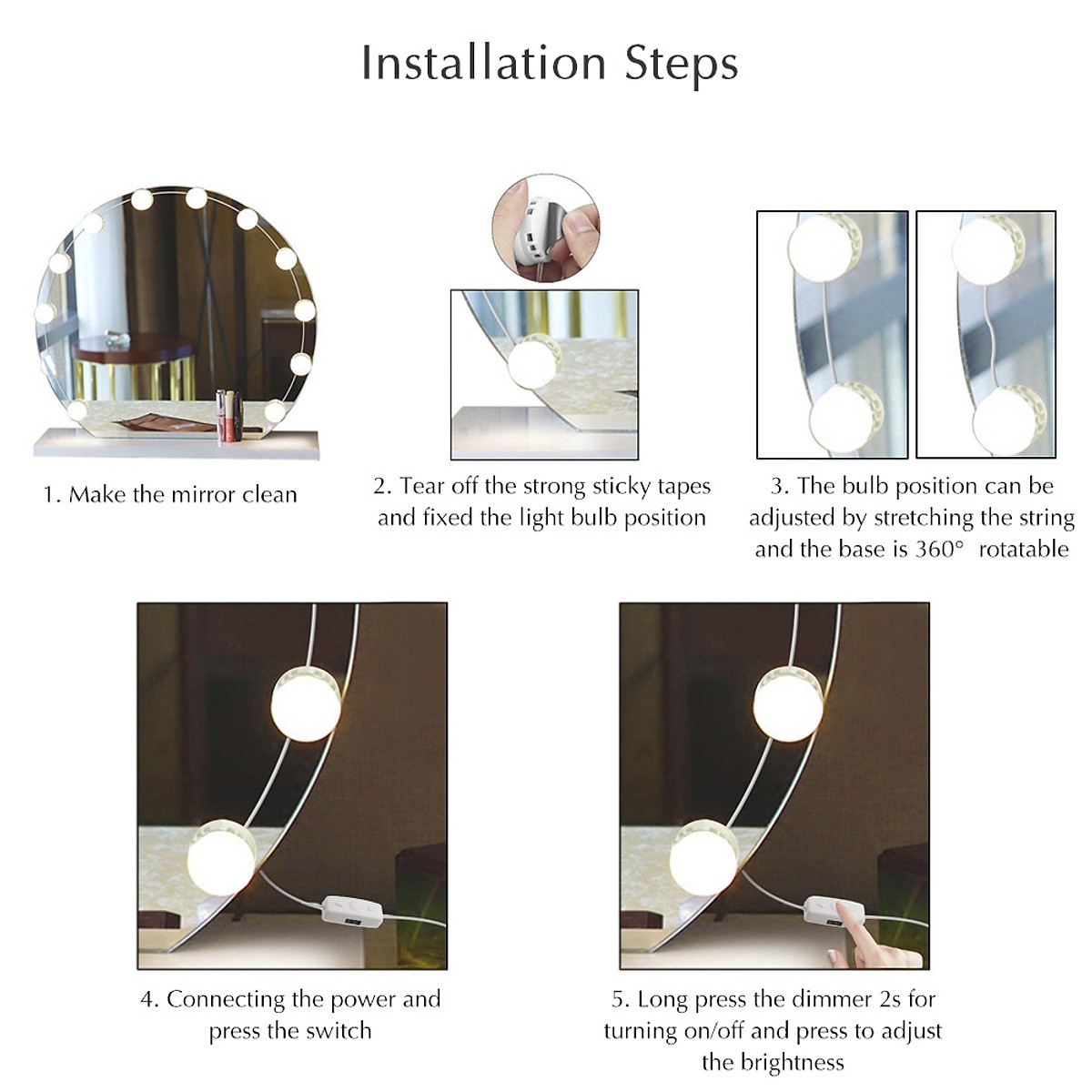 Bộ dây 10 bóng đèn led tròn màu gắn gương trang điểm sang trọng