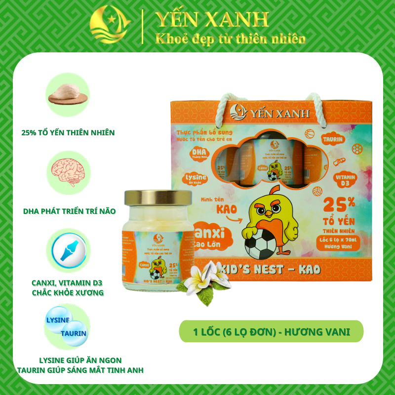 25% tổ yến - Thực phẩm bổ sung: Nước tổ yến chưng dành cho trẻ em Kid's nest - Kao hương vani - YẾN XANH - Lốc 6 lọ x 70ml