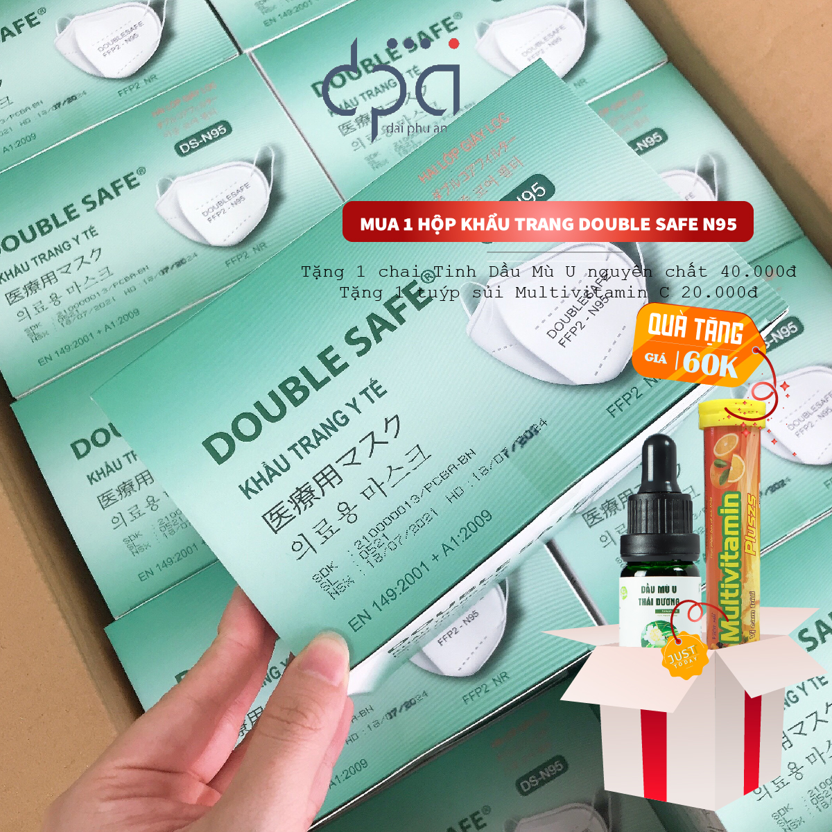 [Mua 1 tặng 2] Khẩu trang Double Safe N95 Hộp 30C - Tặng 1 tube Sủi Multivitamin C và 1 chai Tinh Dầu Mù u