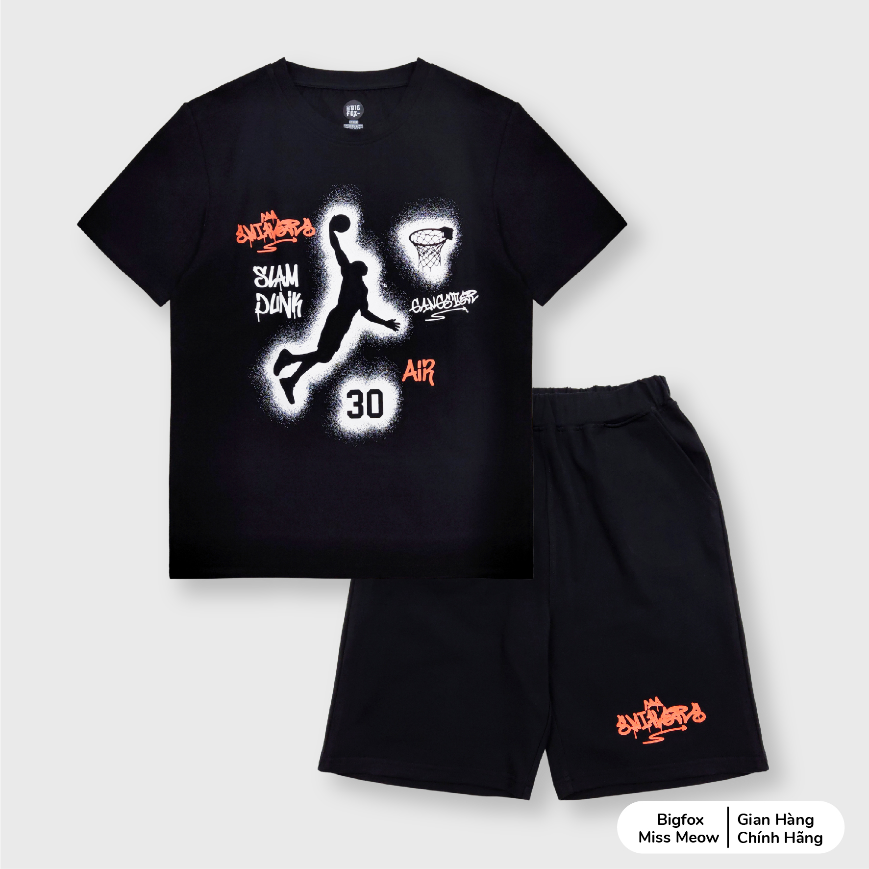 Đồ bộ bé trai cộc tay Hàn Quốc Bigfox Miss Meow size đại áo ngắn tay quần đùi vải cotton in bóng rổ cỡ 12-15 tuổi 40kg 50kg