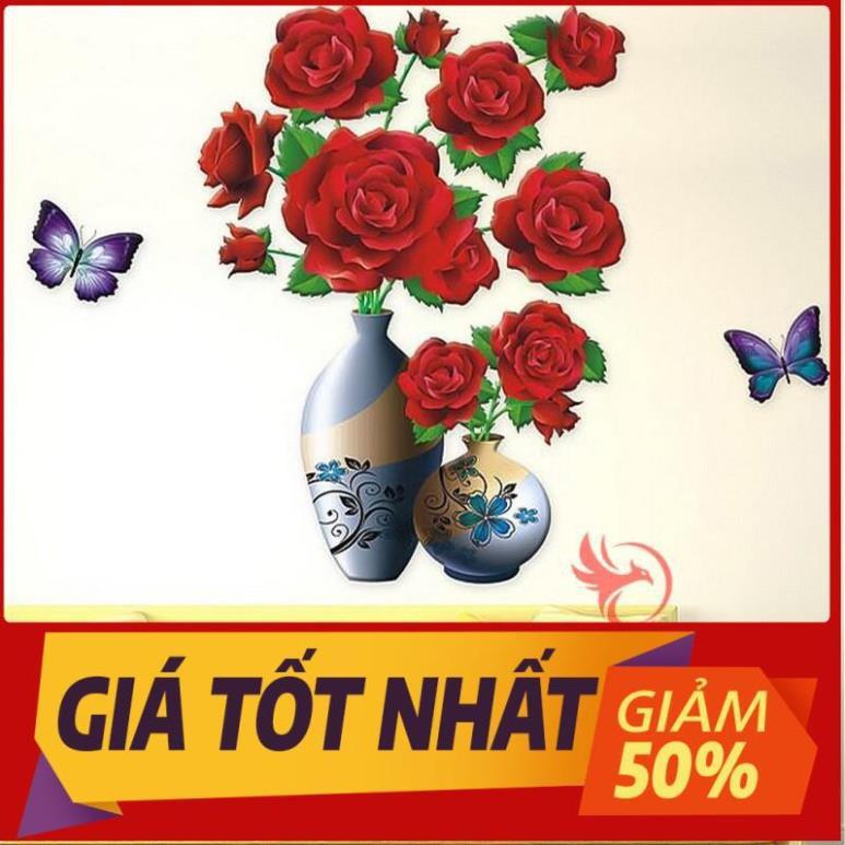 Tranh dán tường 3D treo phòng khách, phòng ngủ trang trí đẹp hình bình lọ hoa hồng/sen/trà/đào