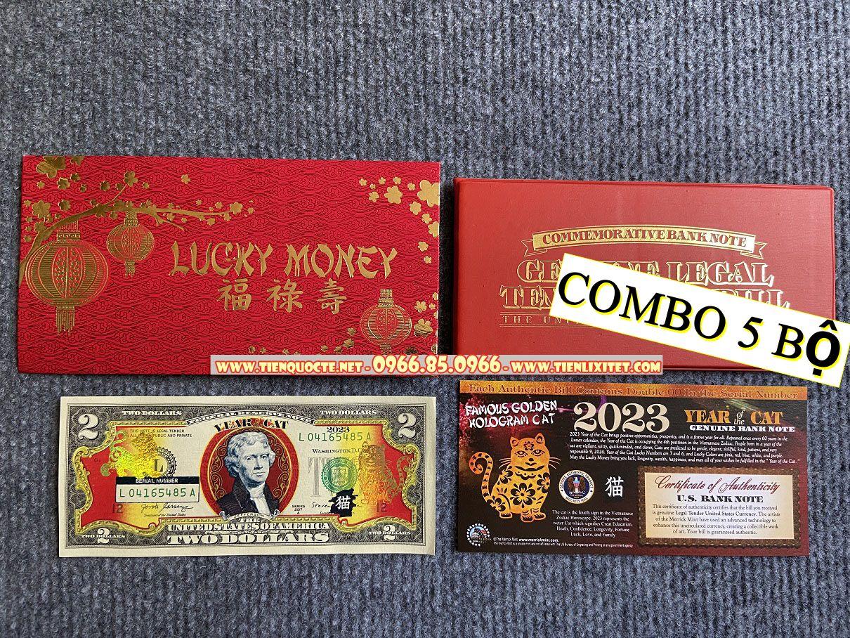 Lot 5 bộ Quà tết sang trọng lì xì Tờ 2 do Hình mèo Vàng của Bộ Tài Chính Mỹ phát hành 2023 CSQTT01540