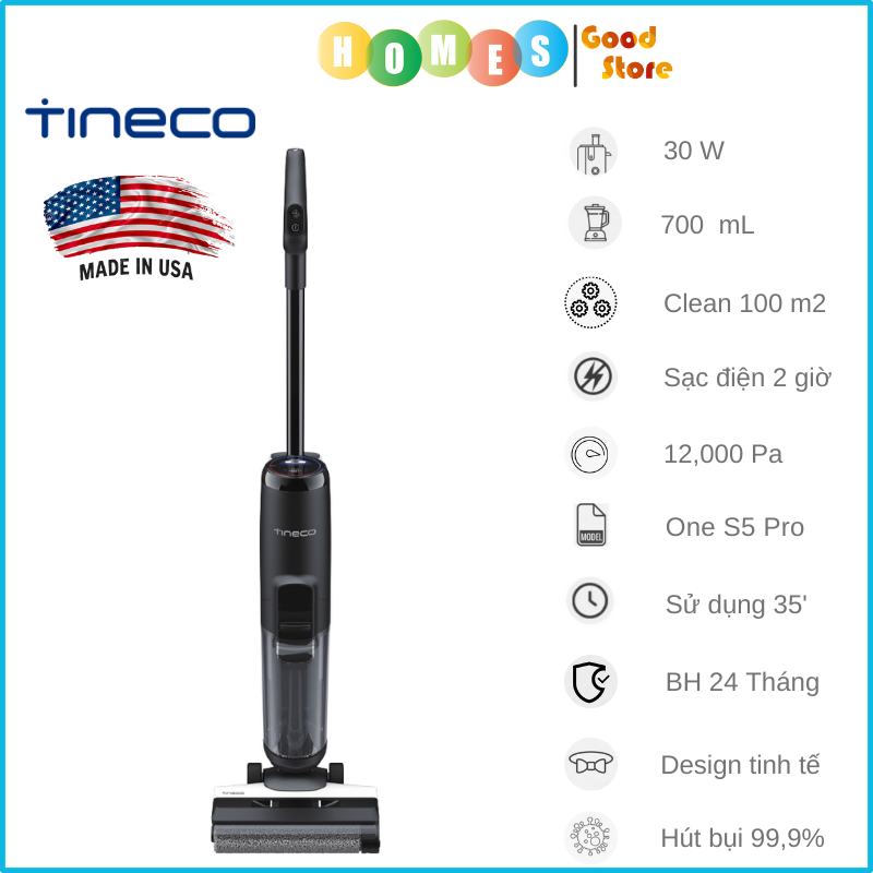 Máy Hút Bụi Lau Sàn Khô Uớt TINECO Floor One S5 Pro 2 - Bản 2023 Thương Hiệu Mỹ Tự Động Giặt Giẻ, Diệt Khuẩn Với Công Nghệ Làm Sạch Sâu 3 Chế Độ Vệ Sinh Cùng Lực Hút 12,000 Pa, Công Suất 600 W - Bảo Hành 24 Tháng