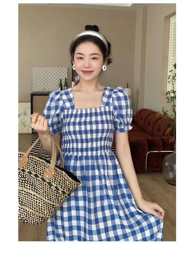 TOBE1SHOP Thanh lịch Port Wind Vintage kẻ sọc ăn vuông cổ thắt lưng sọc đi lại khí chất ngọt ngào bong bóng tay áo váy