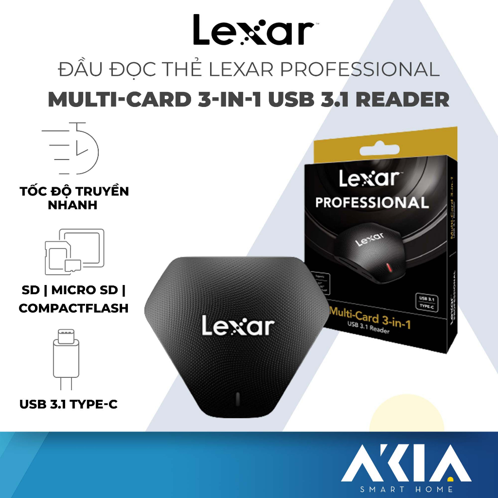 Đầu đọc thẻ nhớ Lexar Professional Multi-Card 3-in-1 USB 3.1 Reader, hỗ trợ thẻ SD, Micro SD và CompactFlash - HÀNG CHÍNH HÃNG