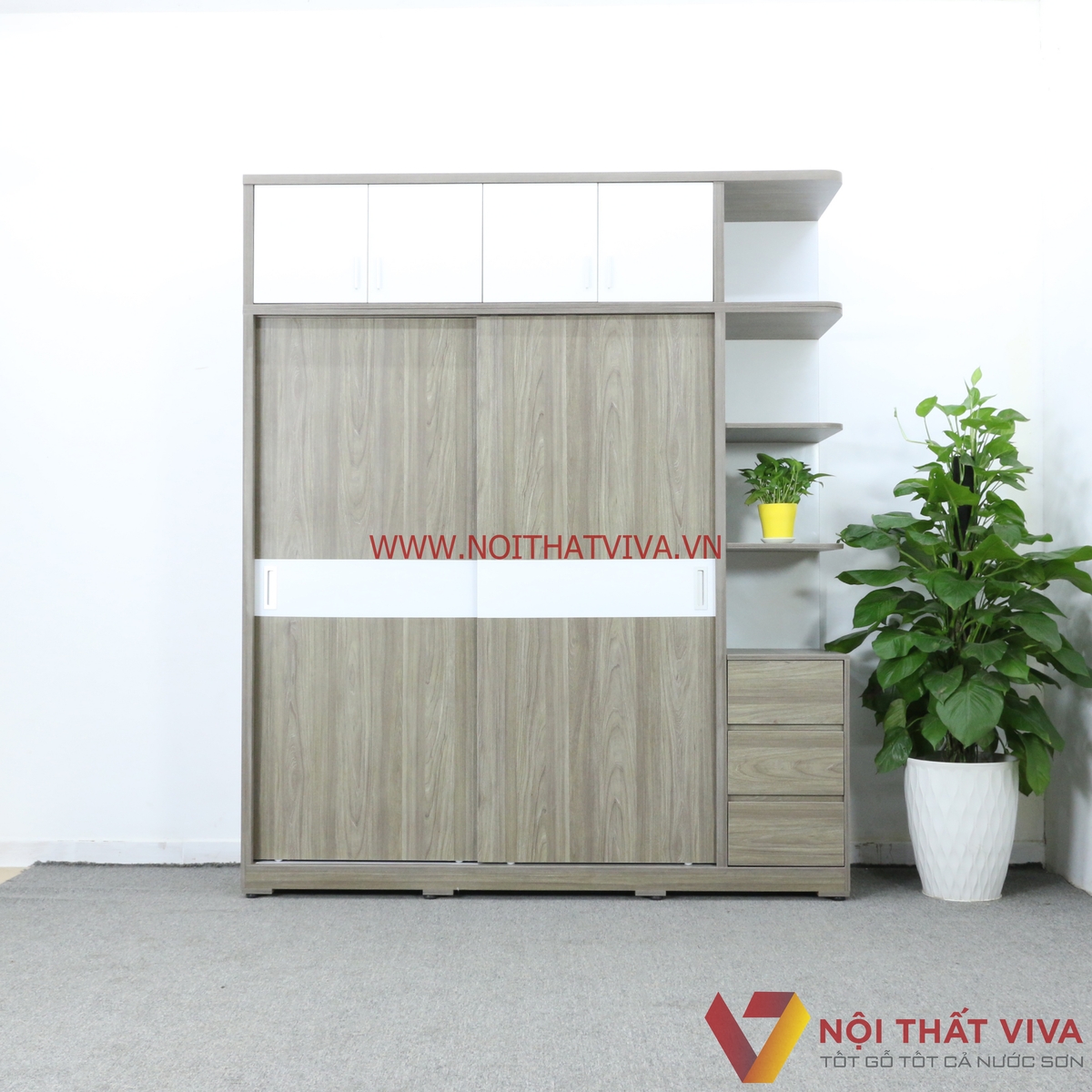 Tủ Quần Áo Kịch Trần Cửa Lùa Gỗ MDF Có Kệ Trang Trí Màu Xám Chỉ Trắng