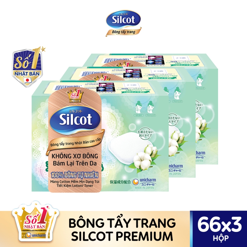 Bộ 3 Hộp Silcot Bông Trang Điểm (bông tẩy trang) Nhật Bản Cao Cấp (66 Miếng/Hộp)