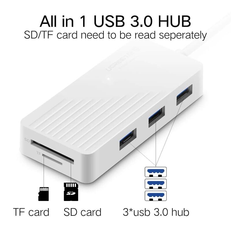 Ugreen UG30411CR132TK 1M màu Trắng Bộ chia HUB USB 3.0 sang 3 USB 3.0 + đọc thẻ SD TF hỗ trợ nguồn MICRO USB - HÀNG CHÍNH HÃNG