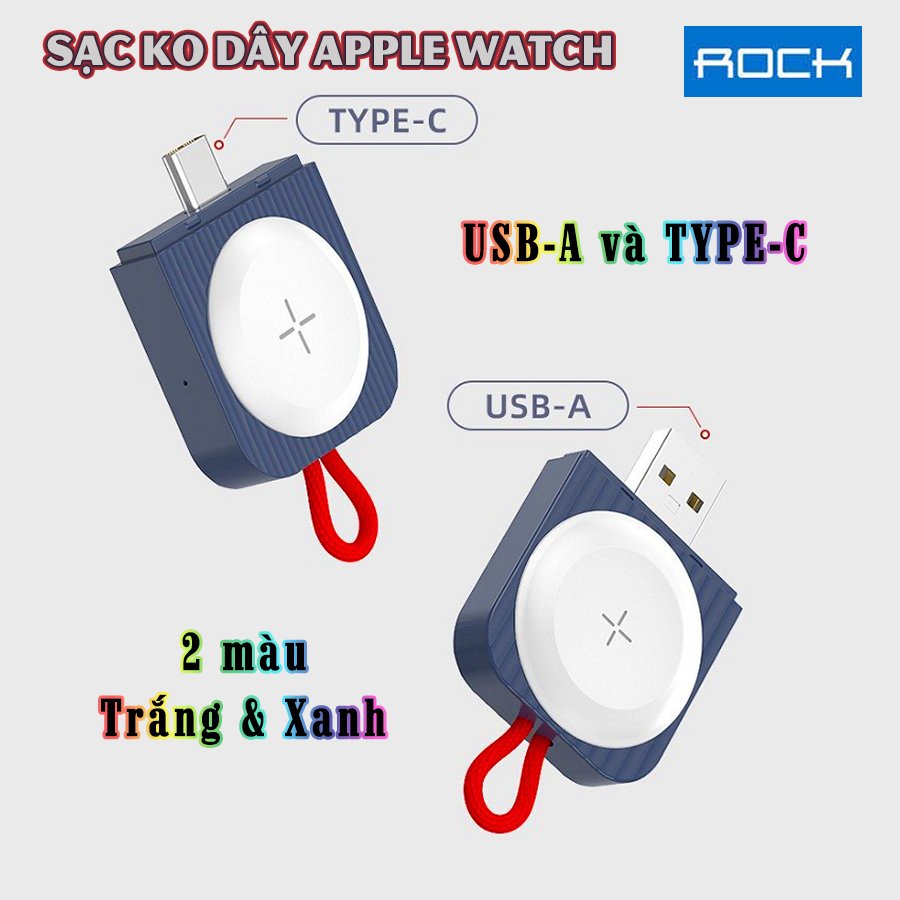 Đế Sạc Không Dây Chính Hãng ROCK dành cho Apple Watch 38/40/42/44mm Series 1/2/3/4/5/6/Se - cổng Type-C và USB-A - Xanh