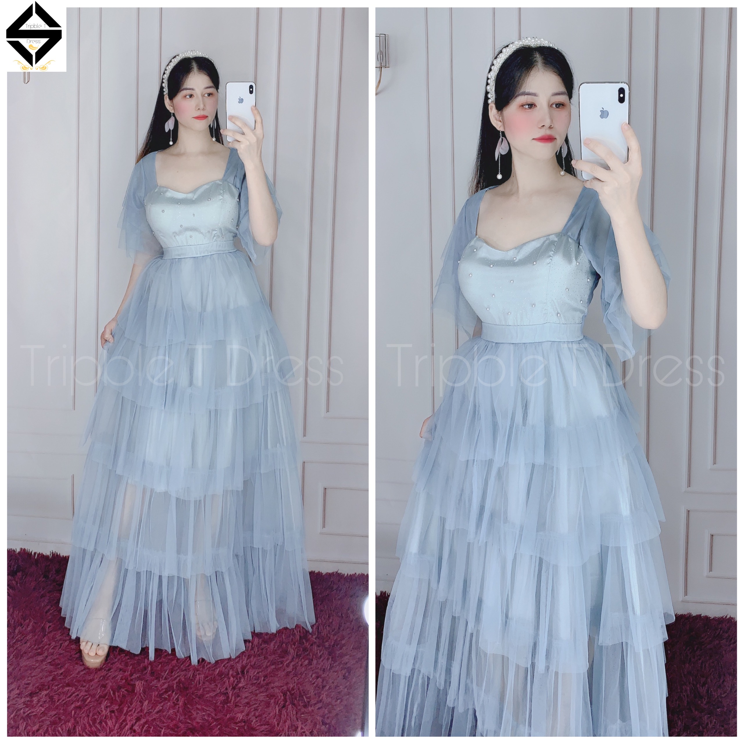 Đầm maxi dự tiệc lưới xếp tầng tay loa TRIPBLE T DRESS -size M/L - MS302V