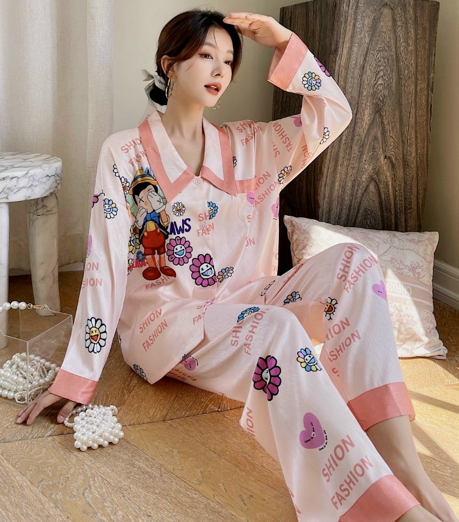 Bộ lụa tay dài quần dài, bộ lụa mặc nhà chất vải hàng cao cấp, lụa xước mã B391