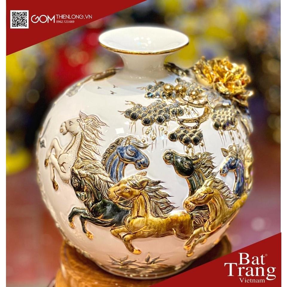 Bình Hút Lộc Mã Đáo Thành Công Màu Trắng - Vẽ Vàng Đắp Nổi Hàng Kỹ - Bình Tài Lộc Bát Tràng -Gốm Thiên Long