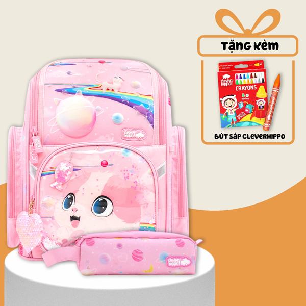 Combo Ba Lô Fancy + Bóp Viết Kitty Pinky Clever Hippo - Tiểu Học (Tặng Kèm Hộp 16 Bút Sáp Màu Colorful)