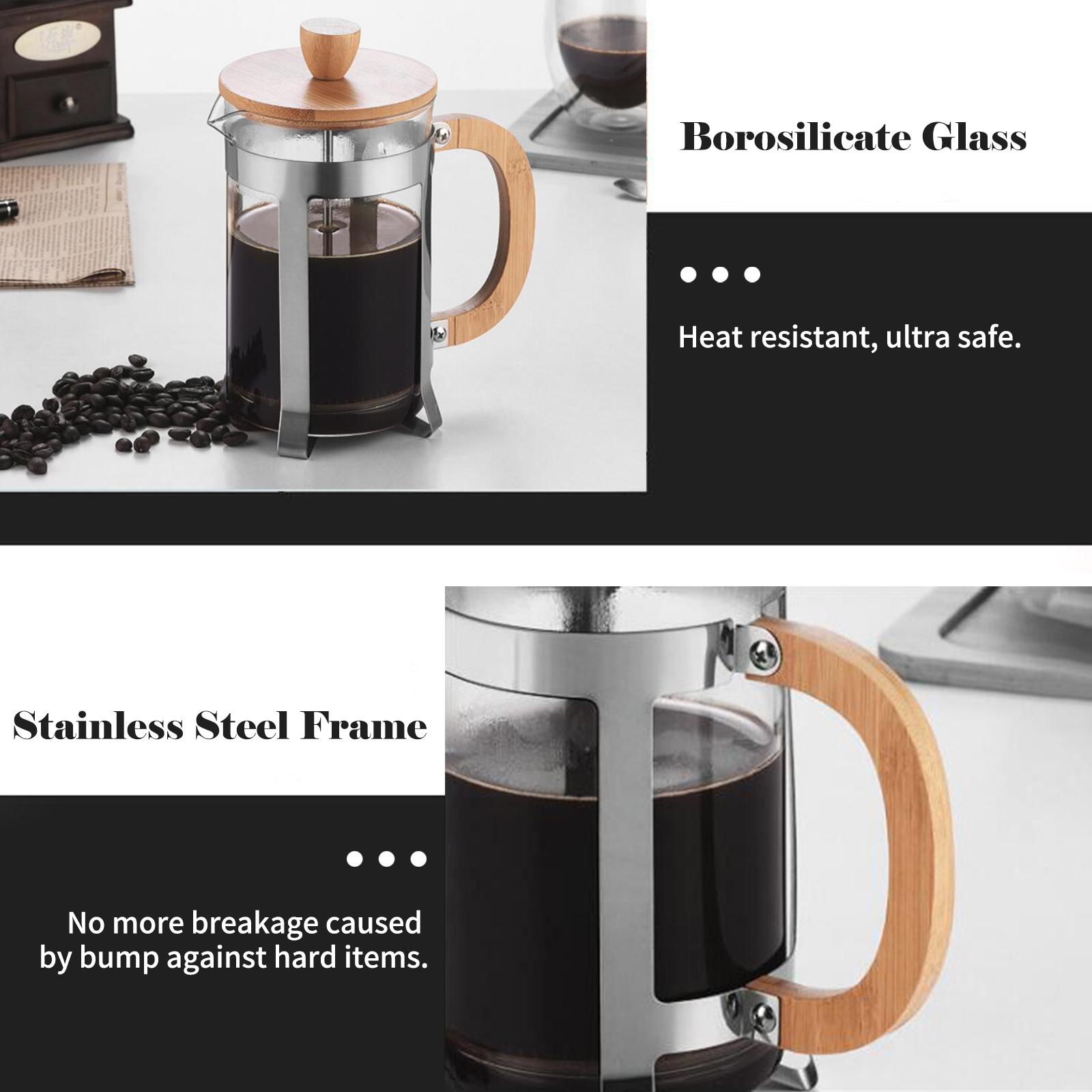 French Press Coffee Maker with Wooden Handle High-Density Filter Heat Resistant Borosilicate Glass Teapot Coffee Press