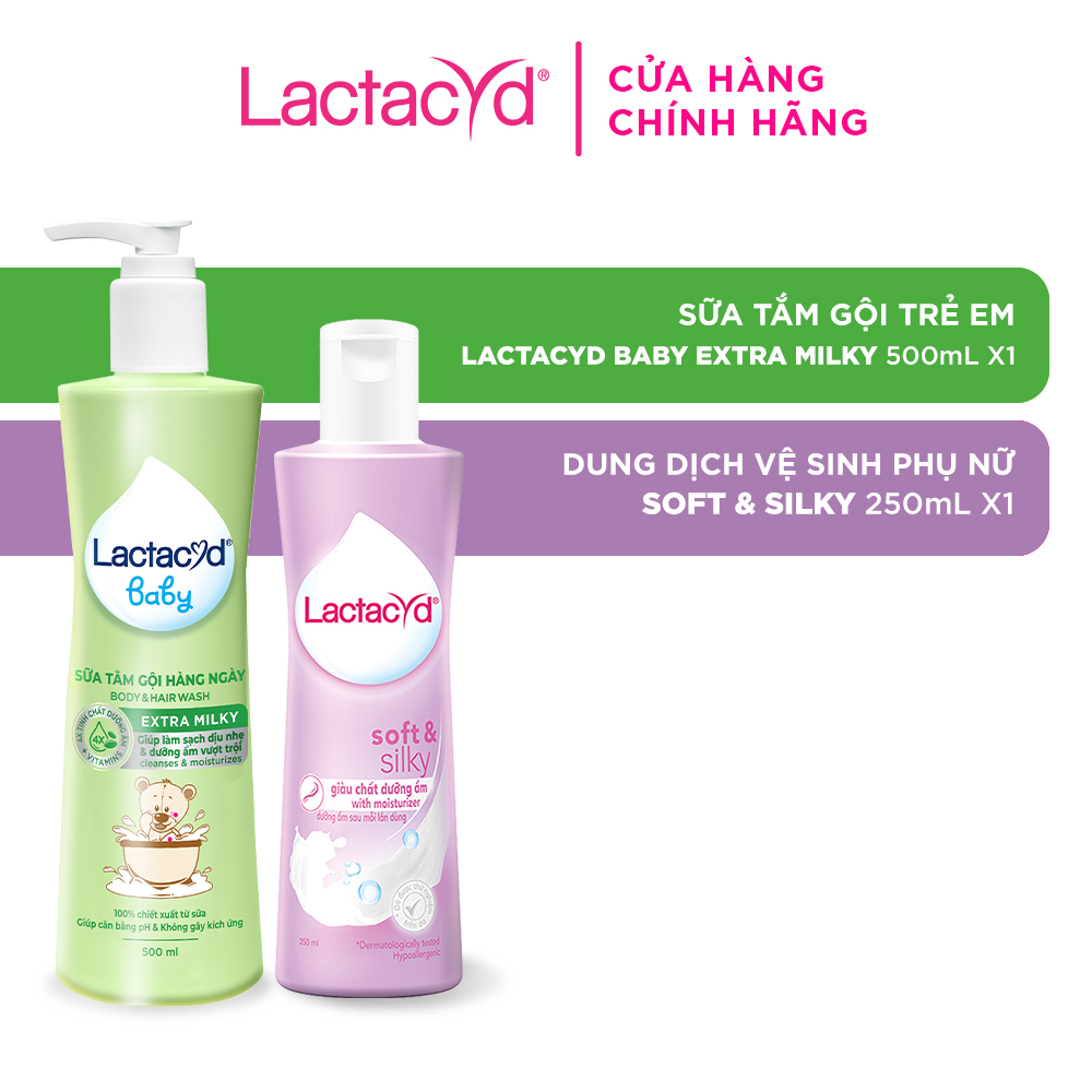 Bộ Dung Dịch Vệ Sinh Phụ Nữ Lactacyd Soft & Silky Dưỡng Ẩm 250ml + Sữa Tắm Gội Trẻ em Lactacyd Baby Extra Milky 500ml