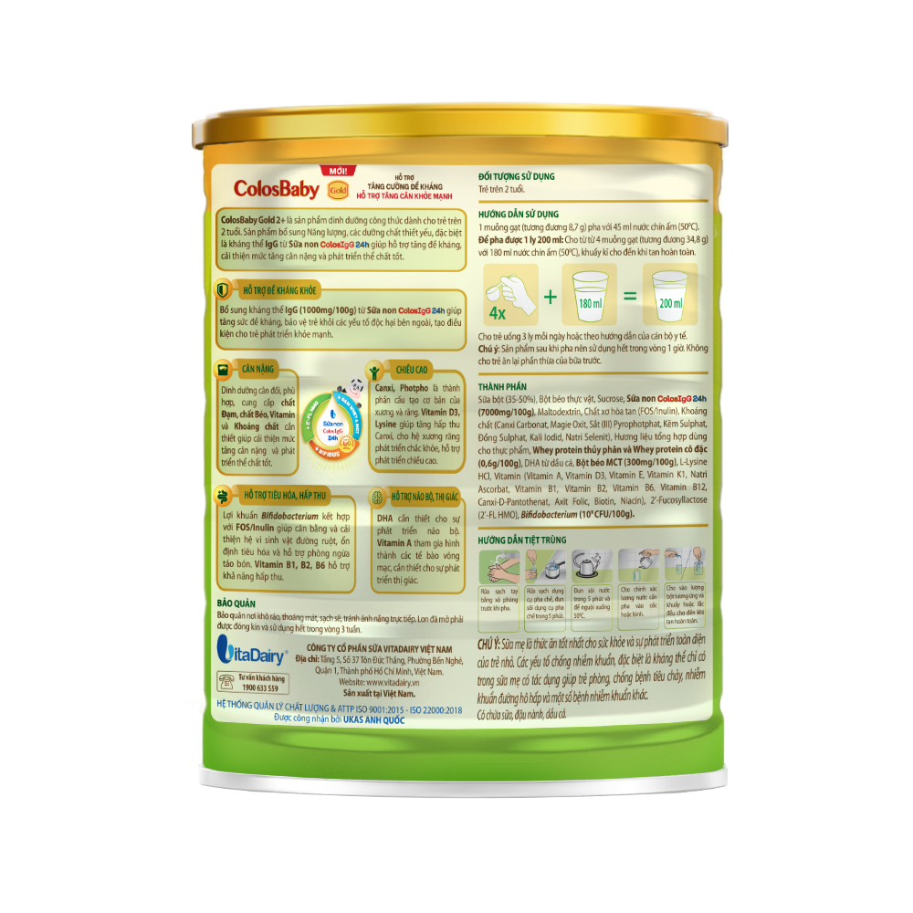 Sữa non Colosbaby Gold (MỚI) 2+ 800g, sữa bột giúp bé tăng cường đề kháng, tăng cân vượt trội - VitaDairy