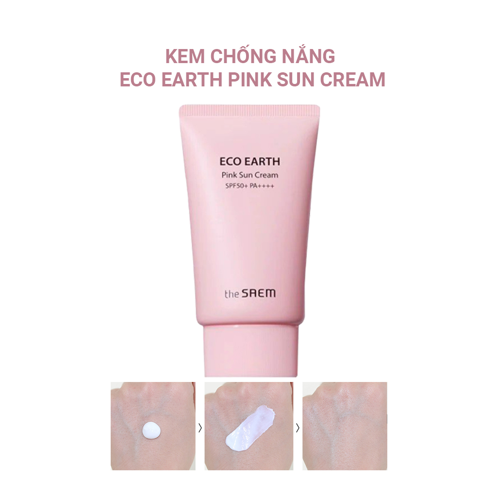 Kem chống nắng The Saem Eco Earth Power Pink Sun Cream 50g [Mẫu Mới] + Tặng 1 gói sữa rửa mặt thải độc Super Vegitoks Cleanser 3ml