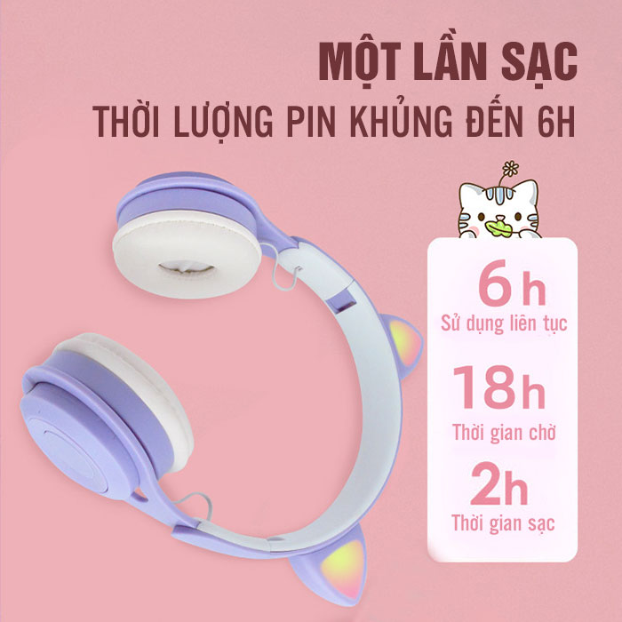 Tai nghe bluetooth tai mèo có mic Headphone tai mèo dễ thương, âm bass mạnh mẽ, dung lượng pin khủng -BH 12T