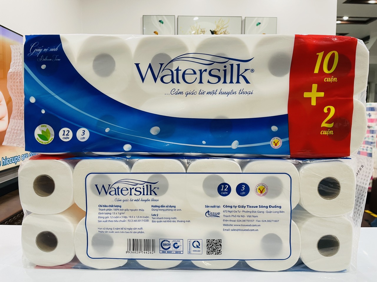 ( Tặng 2 cuộn) Giấy vệ sinh WATERSILK 19.5M Có Lõi 3 Lớp siêu dai mịn, 1.1Kg - 100% Bột giấy nguyên sinh - Hàng chính hãng.