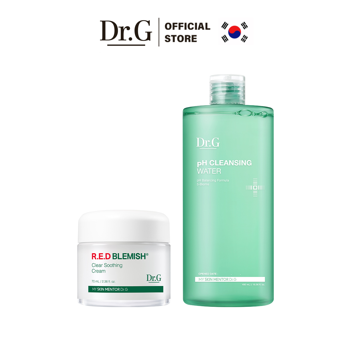 Combo Dr.G Kem dưỡng R.E.D Blemish Clear Soothing Cream 70ml và Nước tẩy trang PH Cleansing Water 490ml