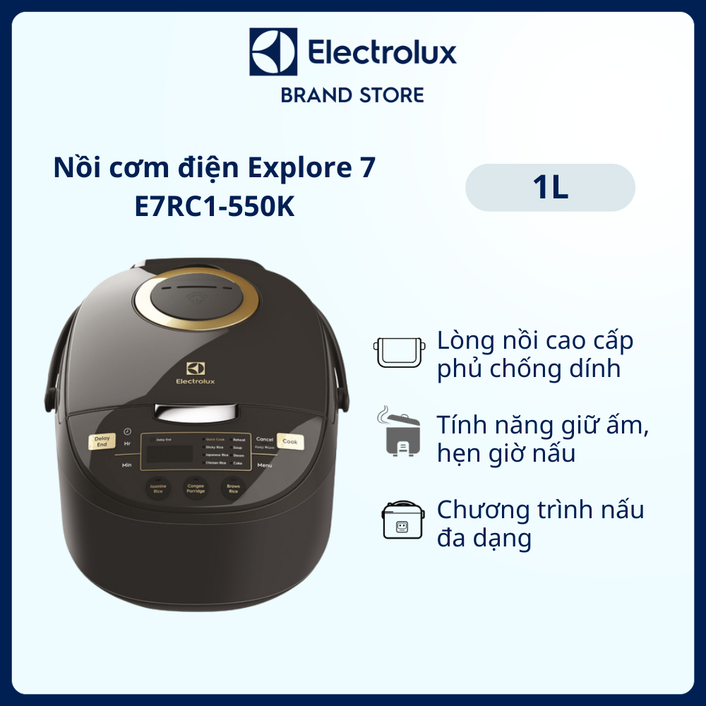 Nồi cơm điện Electrolux 1L E7RC1-550K - Màu đen - Nhiều chương trình nấu đa dạng - Bảo hành 2 năm toàn quốc [Hàng chính hãng]