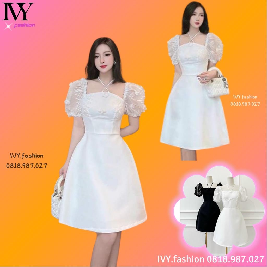 Đầm váy cột dây cotton + ren hoa trắng đen cổ vuông tay phồng xoè chữ A đi biển dự tiệc cưới dạo phố bigsize đẹp