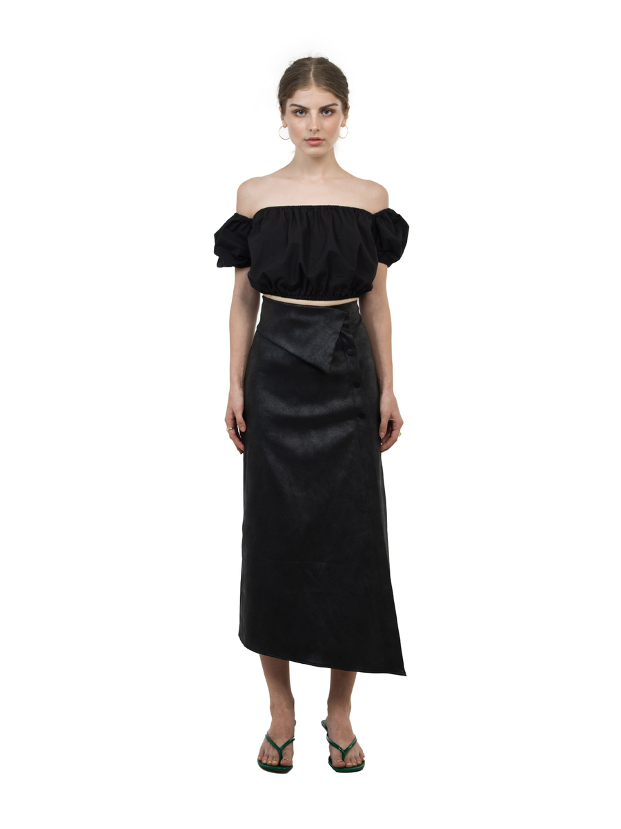 là min -  Chân Váy Black Leather Midi Skirt