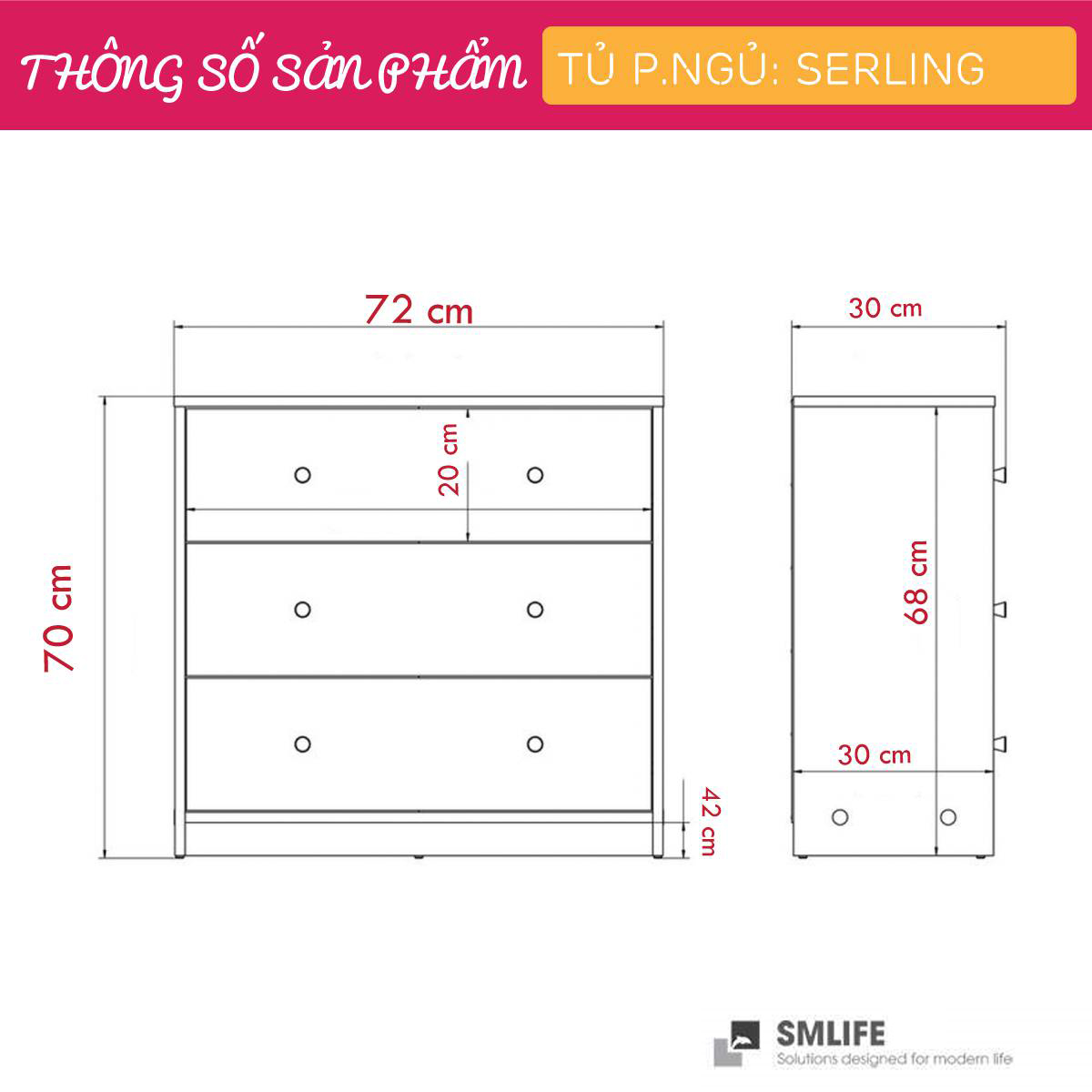 Tủ phòng ngủ gỗ hiện đại SMLIFE Serling | Gỗ MDF dày 17mm chống ẩm | D72xR30xC70cm