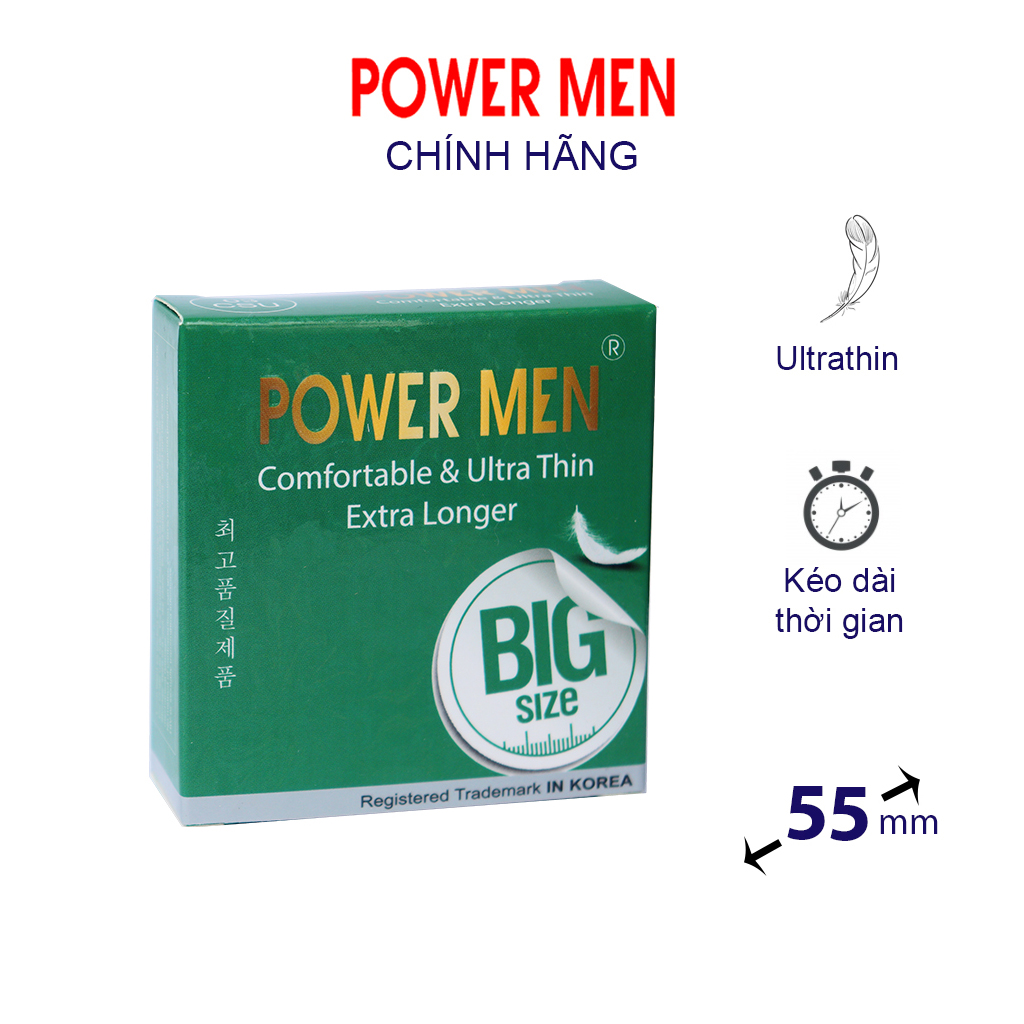 Bao cao su POWER MEN Hộp 3 bcs siêu mỏng, kéo dài size lớn 55mm, nhiều gel bôi trơn