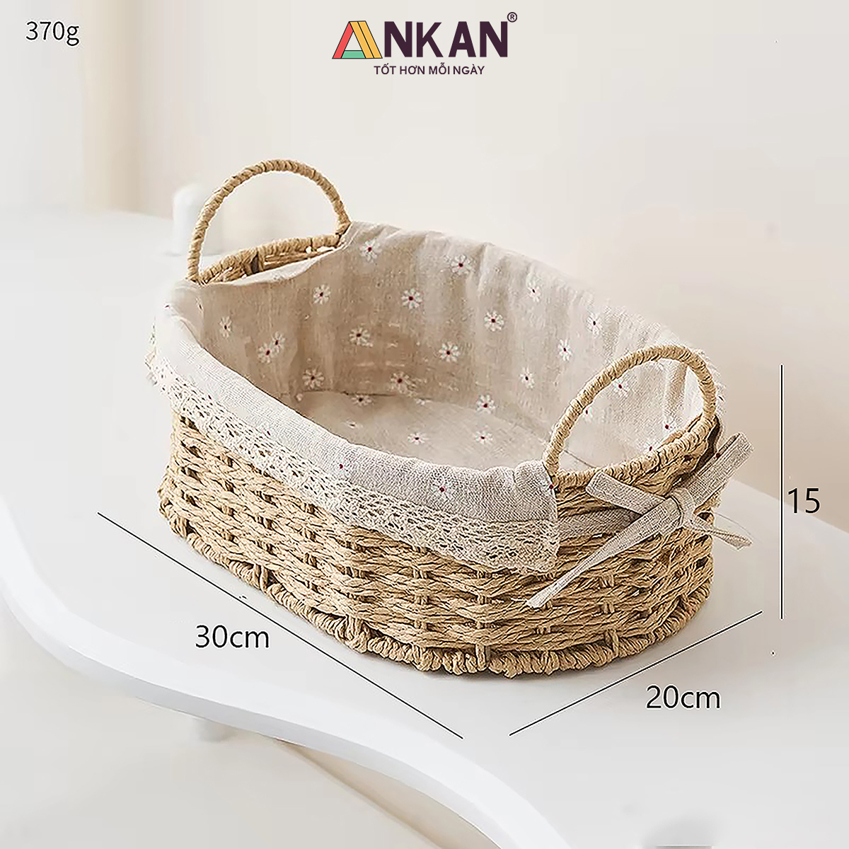 Giỏ Đựng Đồ Ăn Vặt Có Quai Hình Bầu Dục Lót Vải Hoa – Sợi Giấy Cán Mỏng Nhẹ Bền, Dễ Vệ Sinh