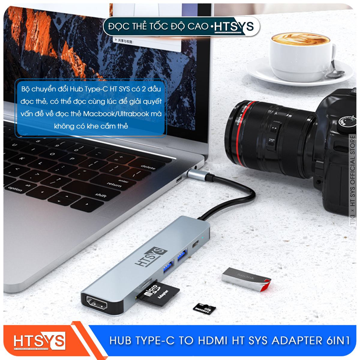 Hub Type C HT SYS 6 in 1 To HDMI, USB 3.0, SD, TF, PD 100W - Hàng Chính Hãng