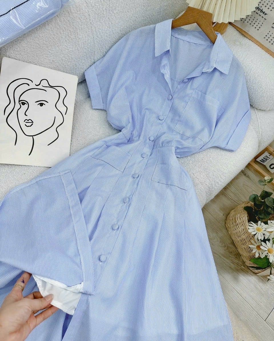 ĐẦM DÀI MIDI SUÔNG CỔ SƠ MI XANH BABY BLUE PASTEL SỌC TAY NGẮN XẾP LY XÒE MAXI DẠO PHỐ ĐI TIỆC ĐI BIỂN ĐI CHƠI CÔNG SỞ