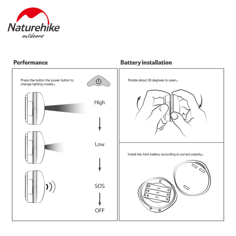 Đèn led Naturehike du lịch dã ngoại 3 chế độ sáng đồ cắm trại NH16D300-C móc treo có đèn cảnh báo với hút nam châm A024