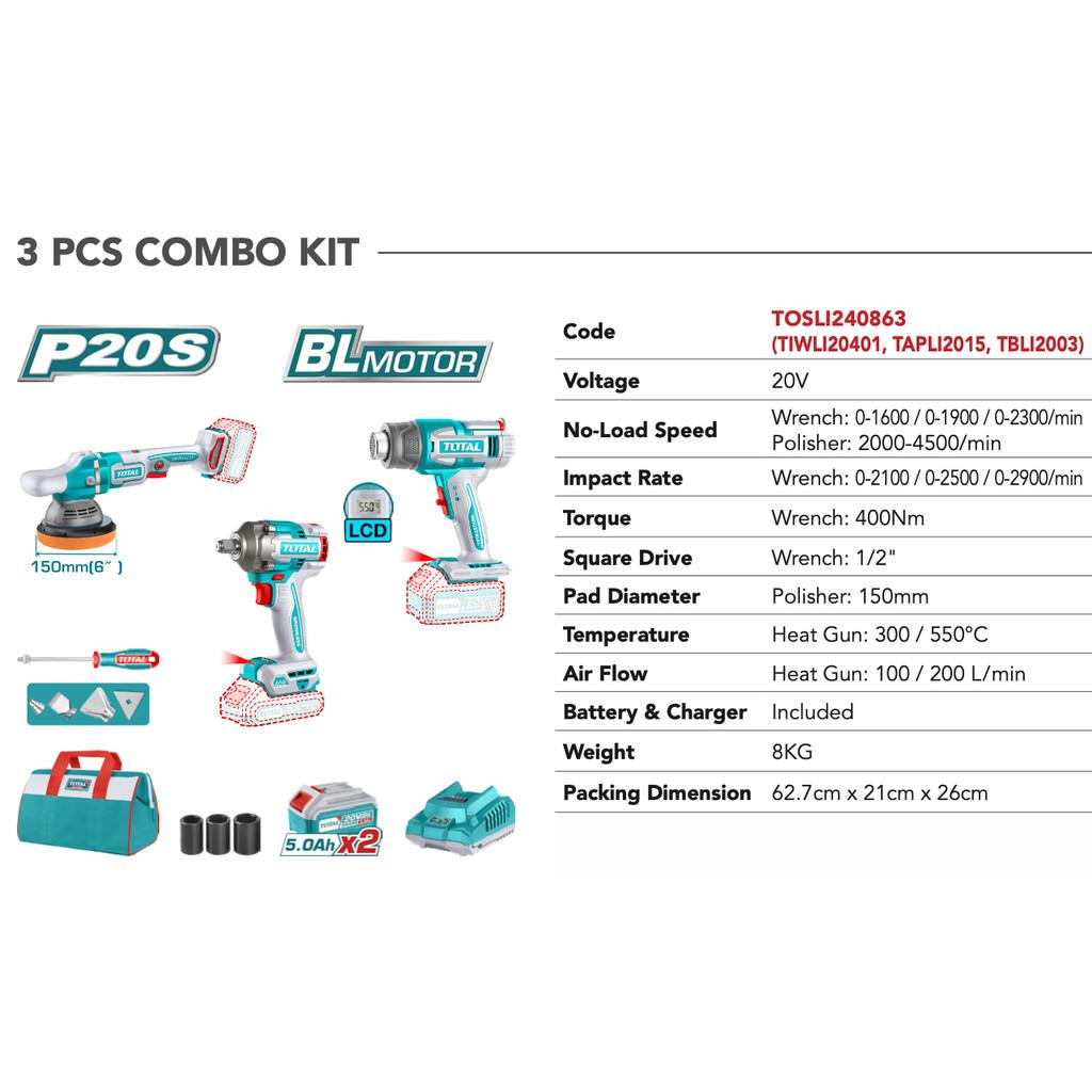 BỘ COMBO MÁY THỔI NHIỆT TBLI2003 &amp; MÁY ĐÁNH BÓNG TAPLI2015 &amp; MÁY SIẾT BULOONG TIWLI20401 KHÔNG CHỔI THAN DÙNG PIN 20V TOTAL TOSLI240863 - HÀNG CHÍNH HÃNG