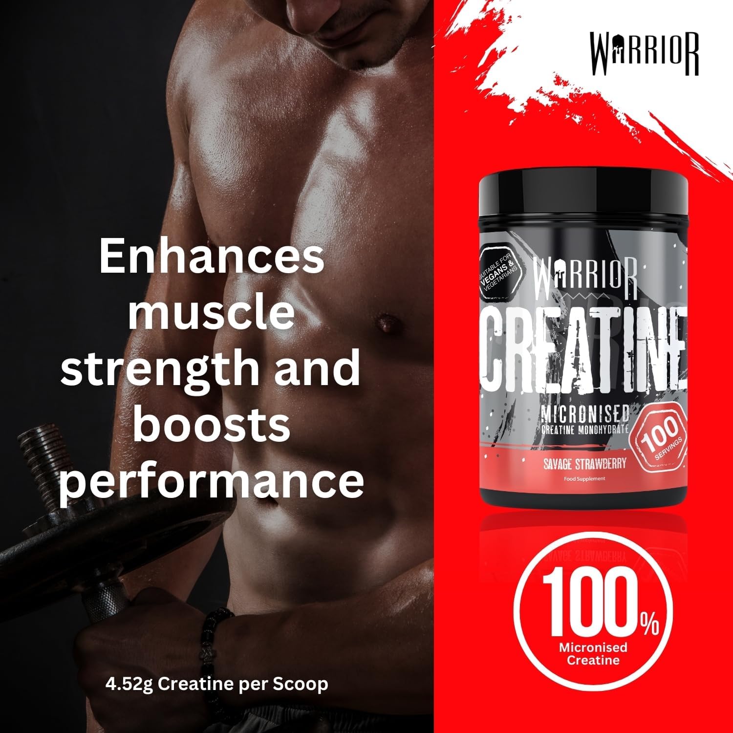 Warrior Micronized Creatine Monohydrate (500g), Bổ Sung Creatine, Tăng Cường Hiệu Suất và Sức Mạnh