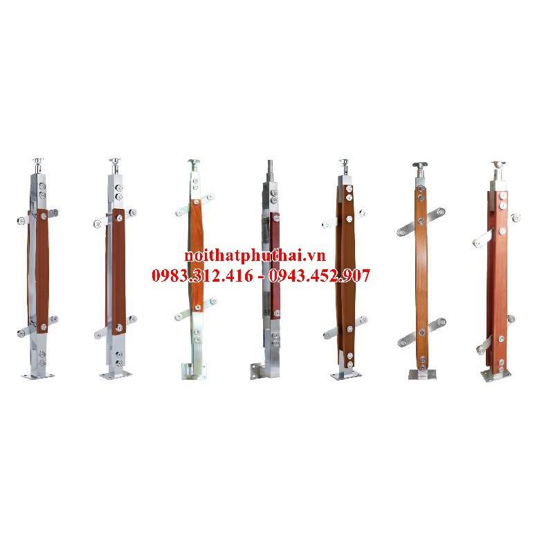 Con tiện cầu thang kính nẹp inox+gỗ