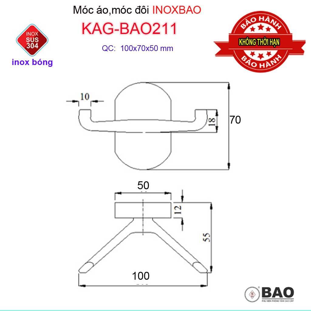 Móc đôi Inox Bảo KAG-BAO211, móc 2 treo đồ nhà tắm SUS304 đế đúc thiết kế tuyệt đẹp sang trọng tinh tế đến từng chi tiết