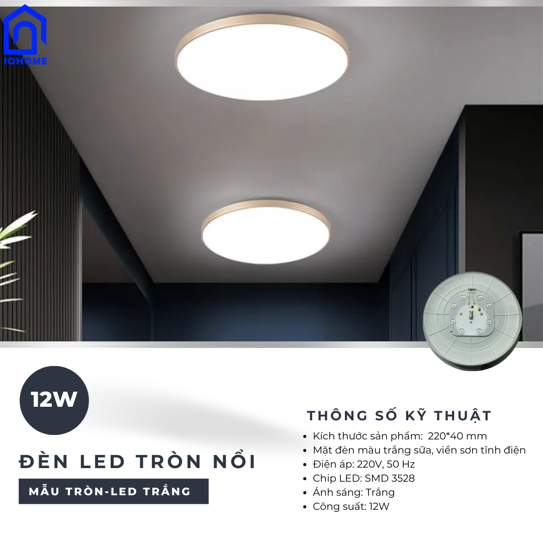 Đèn LED ốp trần gắn nổi cao cấp có viền điểm nhấn hình tròn ánh sáng trắng- Bảo hành 12 tháng-Công suất từ 12W đến 54W
