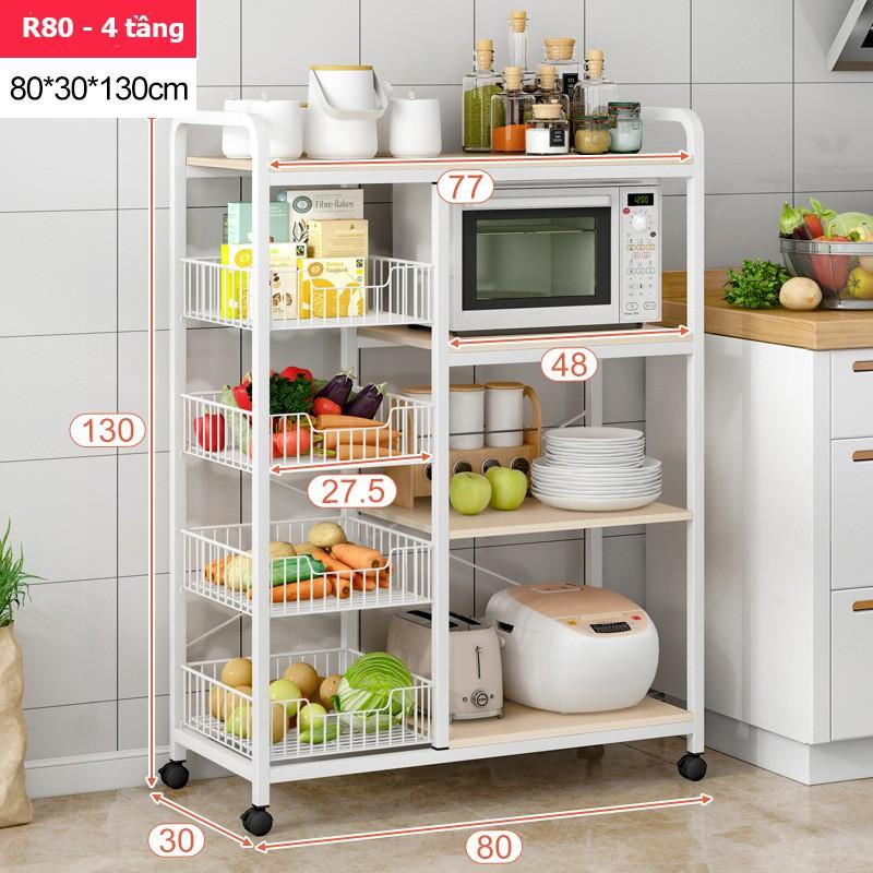 Kệ nhà bếp để đồ đa năng kệ lò vi sóng thông minh 3 4 tầng thép carbon không rỉ, có bánh xe để nồi cơm điện lò nướng