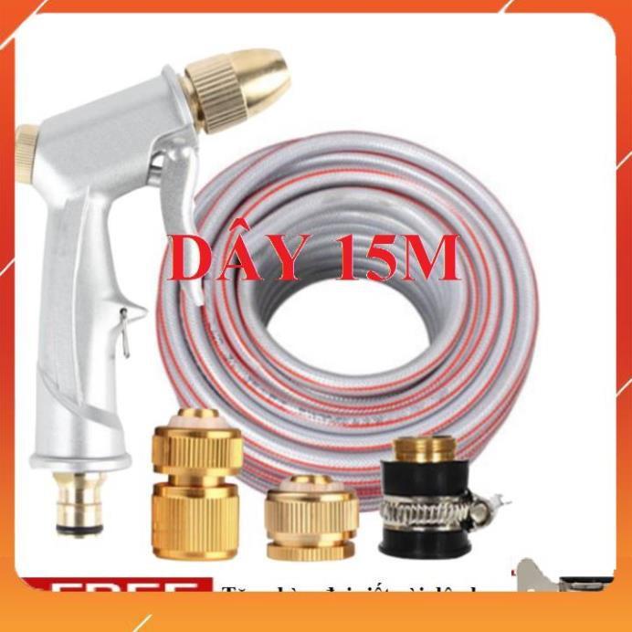 Bộ dây vòi xịt bơm nước tưới rửa , tăng áp 3 lần, loại 15m 206701 đầu đồng,cút đồng+ đai