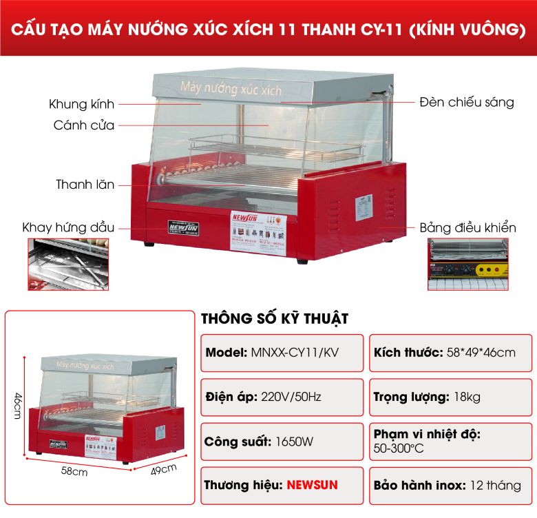 Máy nướng xúc xích 11 thanh CY-11 (kính vuông) NEWSUN - Hàng chính hãng